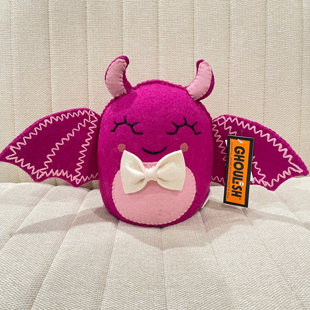 NEW Ghoulish Pink Felt Halloween Bat Monster Decor with Bow Tie Magenta
